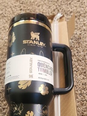 Stanley Black Tumbler with Gold Floral Accents